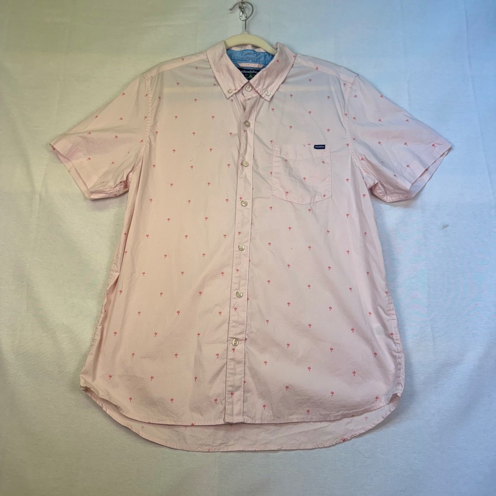 Chubbies Mens Short Sleeve Button Down Shirt Pink Palm Tree Print Large